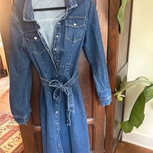 Denim Button-Front Shirt Dress with Waist Tie - Blue Lulus (XL)